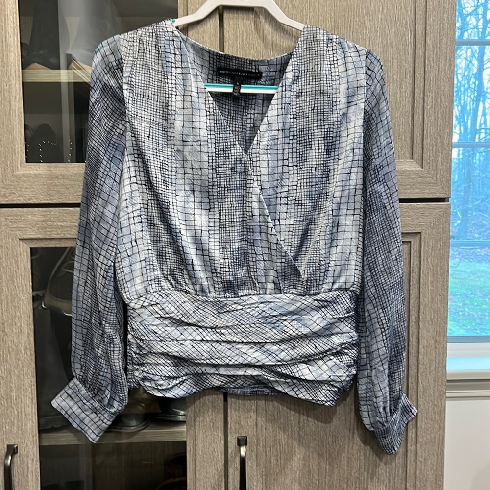 White House Black Market, long sleeve, cinched waist, polyester blouse